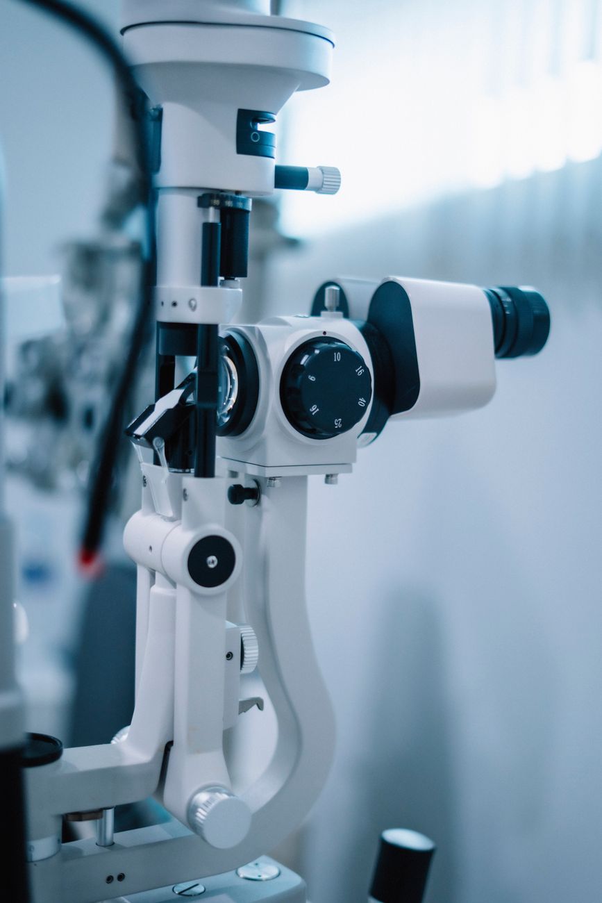A slit lamp, the microscope an optometrist examines the front of the eye through